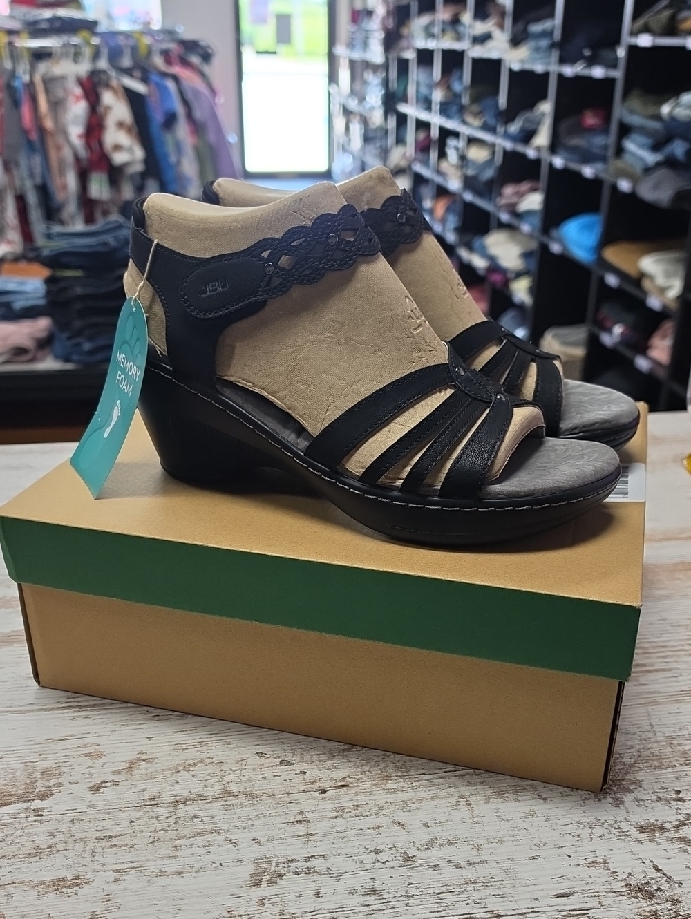 JBU Black Strappy Wedge Sandals with Decorative Ankle Band | 9 1/2